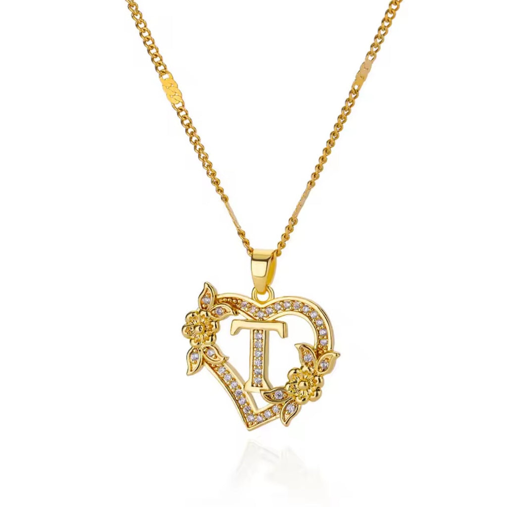 Rose Heart Initial Pendant